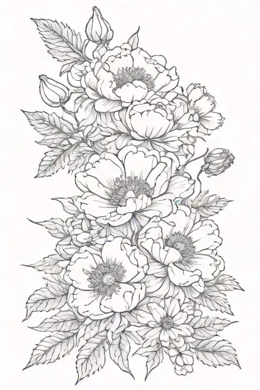 fine line, floral, peony, daisy, violet, marigold tattoo design idea