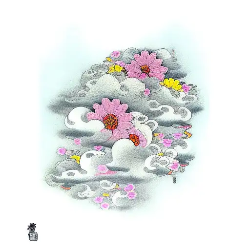 clouds and flowers tattoo design idea