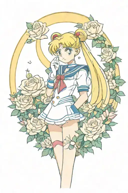 sailor moon standing in front of roses tattoo design idea
