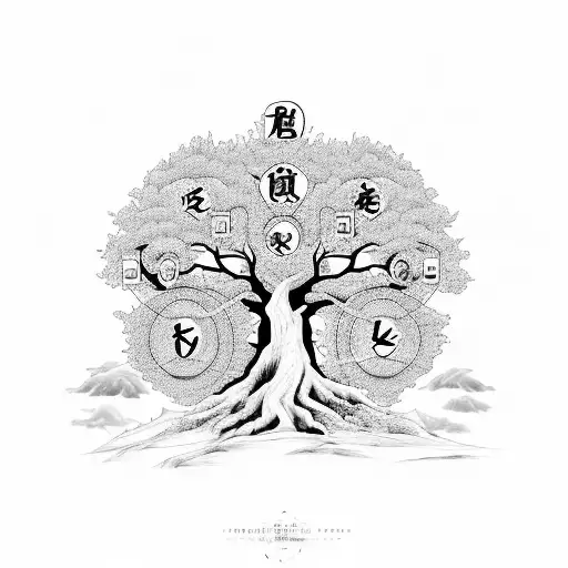 A family tree with each member represented by their respective Chinese zodiac animal tattoo design idea