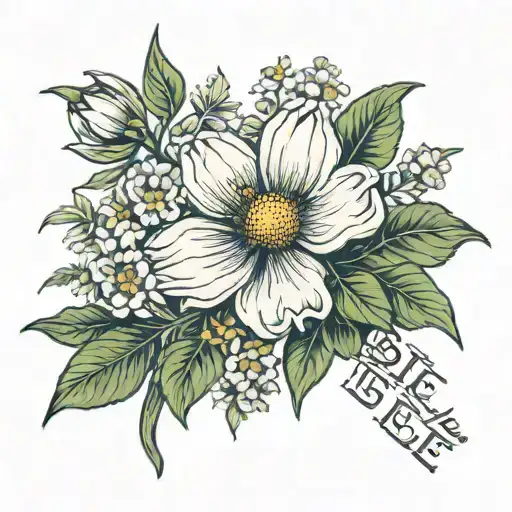 cosmos flower, text la bie est belle, ribbon knot tattoo design idea