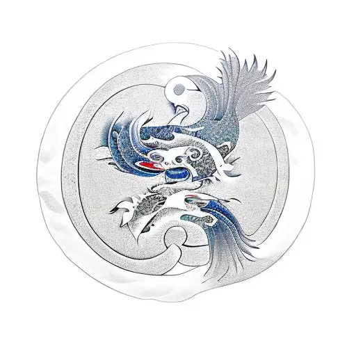 A yin and yang symbol with a phoenix and koi fish intertwined tattoo design idea