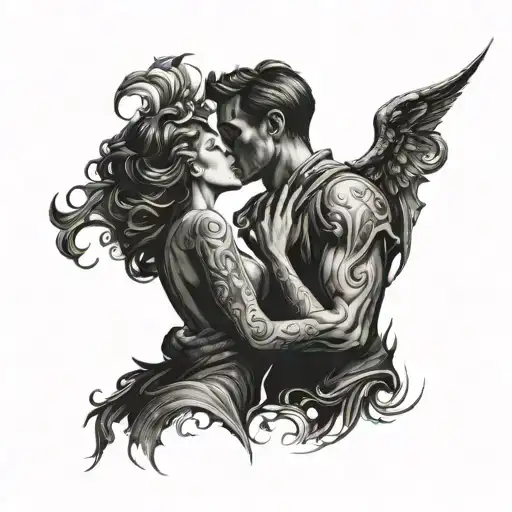 A dark romance scene of two shadowy figures sharing a passionate kiss tattoo design idea