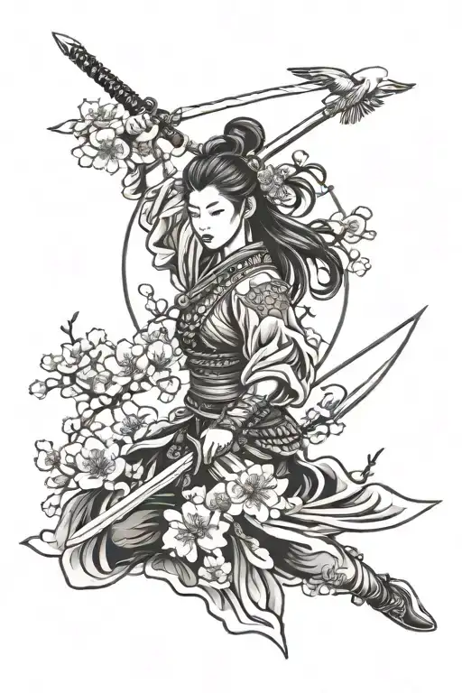 feminine Chinese warrior wielding a sword with a cherry blossom in the background and a crane flying over-head  tattoo design idea