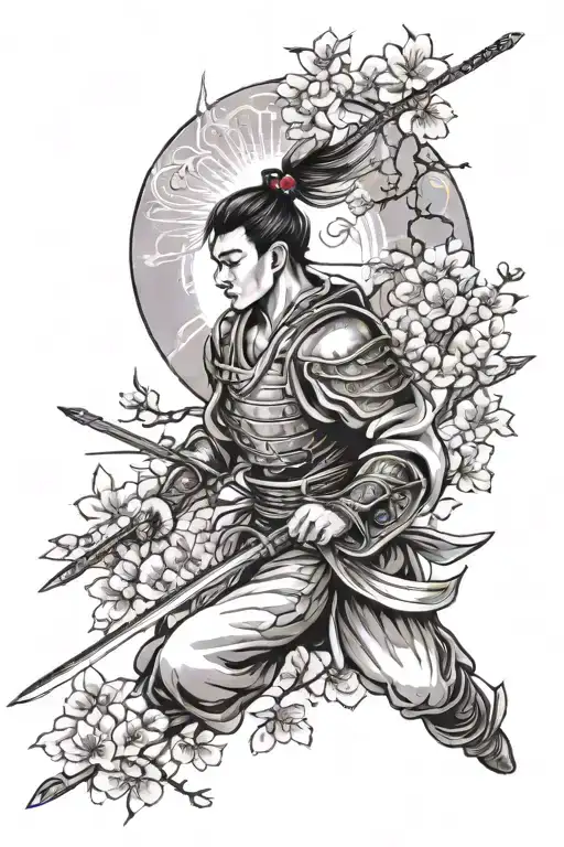 Chinese warrior wielding a sword with a cherry blossom in the background and a crane flying over-head  tattoo design idea