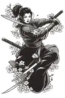 feminine Chinese warrior wielding a sword with a cherry blossom in the background tattoo design idea