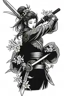 feminine Chinese warrior wielding a sword with a cherry blossom in the background tattoo design idea