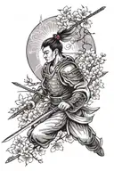 Chinese warrior wielding a sword with a cherry blossom in the background and a crane flying over-head  tattoo design idea