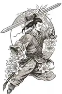 Chinese warrior wielding a sword with a cherry blossom in the background and a crane flying over-head  tattoo design idea
