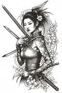 chinese female warrior weilding a sword with a cherry blossom branch in the background and a crane flying over her  tattoo design idea
