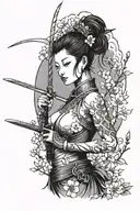 chinese female warrior weilding a sword with a cherry blossom branch in the background and a crane flying over her  tattoo design idea