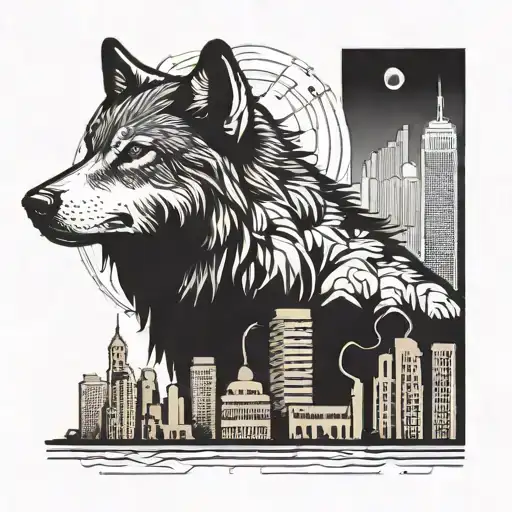 wolf in city skyline  tattoo design idea