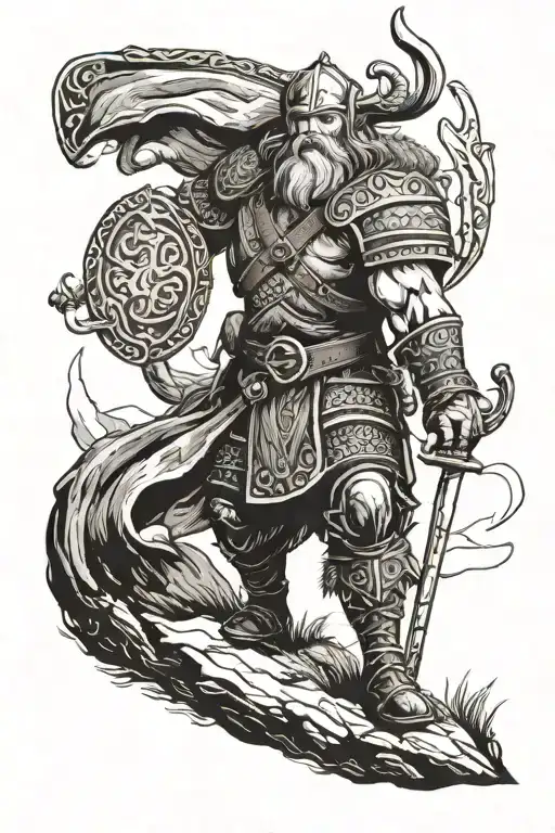 i would like to have a realistic black and white viking tattoo on my upper arm. The viking should be standing on a hill  tattoo design idea