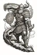 i would like to have a realistic black and white viking tattoo on my upper arm. The viking should be standing on a hill  tattoo design idea