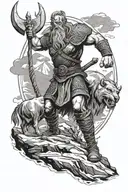 i would like to have a realistic black and white viking tattoo on my upper arm. The viking should be standing on a hill  tattoo design idea
