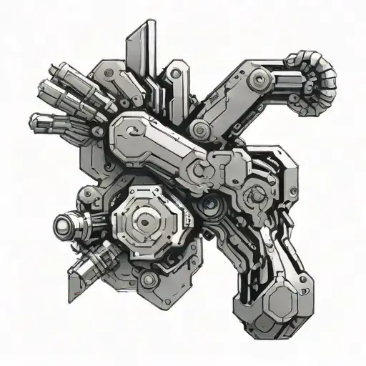 A futuristic cybernetic arm made of black and grey mechanical parts with a pixelated design, incorporating elements of gaming and new technology tattoo design idea