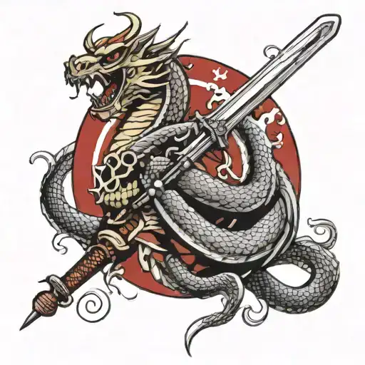 A dragon wrapped in a circle of a katana holding a samurai in a kabuki mask tattoo design idea