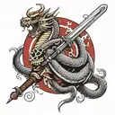 A dragon wrapped in a circle of a katana holding a samurai in a kabuki mask tattoo design idea