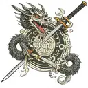 A dragon wrapped in a circle of a katana holding a samurai in a kabuki mask tattoo design idea