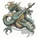 A dragon wrapped in a circle of a katana holding a samurai in a kabuki mask tattoo design idea