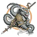 A dragon wrapped in a circle of a katana holding a samurai in a kabuki mask tattoo design idea