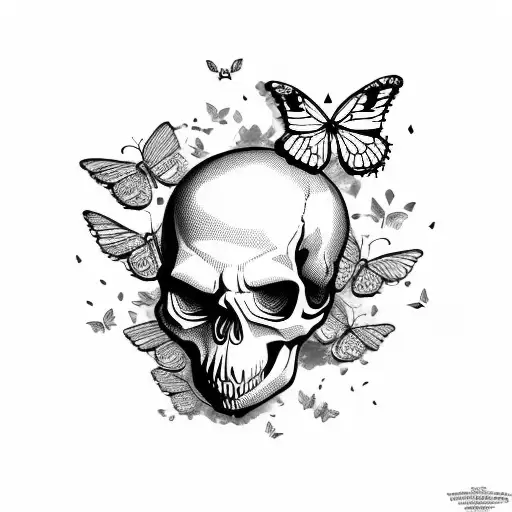 skull with butterflies tattoo design idea