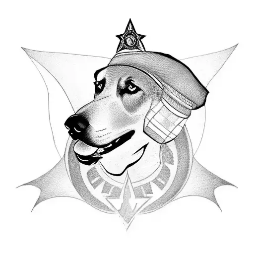 A blackwork tattoo of a Belgian Malinois wearing a police officer's hat with the Star Wars logo in the background tattoo design idea