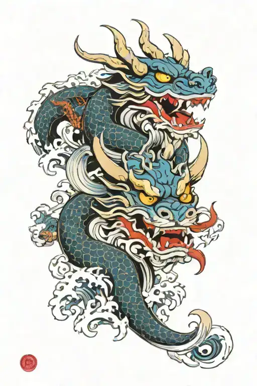 dragon and hannya mask with waves tattoo design idea