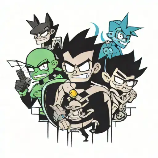 A collage of iconic scenes from My Life as a Teenage Robot, Camp Lazlo, Invader Zim, and My Gym Partner's a Monkey tattoo design idea