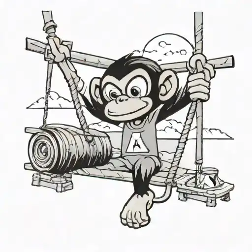 Create a tattoo of a monkey from My Gym Partner's a Monkey swinging through a campsite inspired by Camp Lazlo, with hidden references to Invader Zim incorporated into the background tattoo design idea