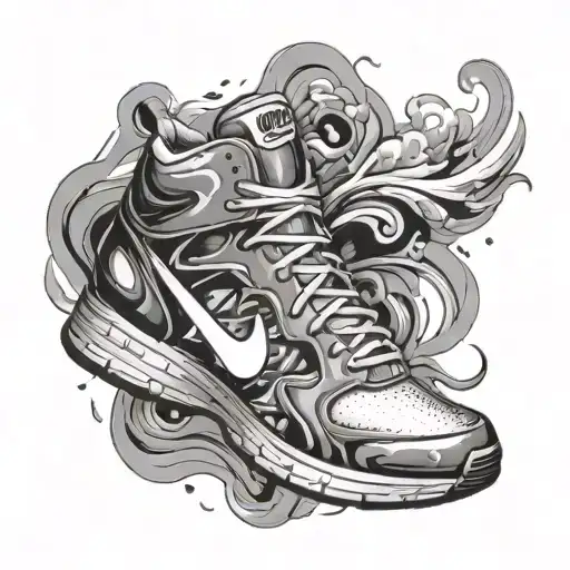 A Nike sneaker with a sexy woman's silhouette inside, surrounded by smoke swirls tattoo design idea