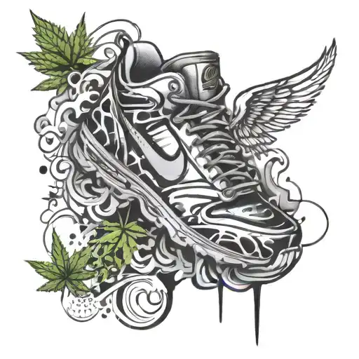 An abstract design combining elements of Nike sneakers, smoking weed, and airbrushing techniques tattoo design idea