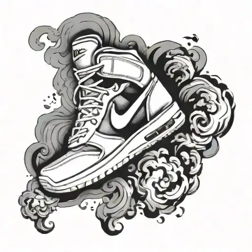 A Nike sneaker with a sexy woman's silhouette inside, surrounded by smoke swirls tattoo design idea