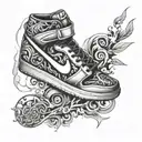 An abstract design combining elements of Nike sneakers, smoking weed, and airbrushing techniques tattoo design idea