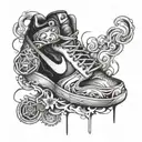 An abstract design combining elements of Nike sneakers, smoking weed, and airbrushing techniques tattoo design idea
