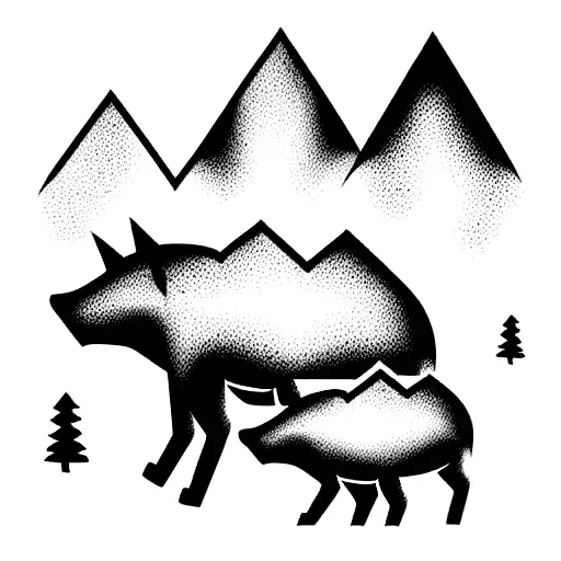 two wild hogs trekking in the woods with a mountain in behind tattoo design idea