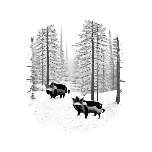 Two Wild pigs Walking Through Pines And A Mountain In Behind" tattoo design idea