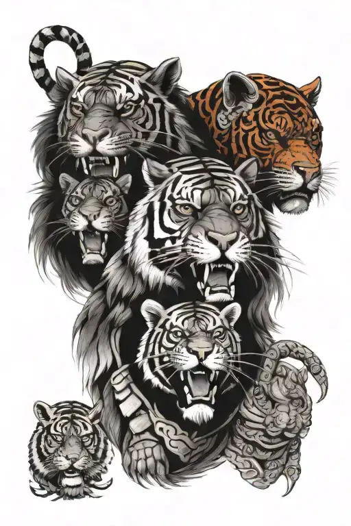 tiger and panther with Roman centurion helmet tattoo design idea