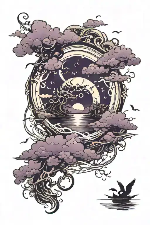 dark purple ominous clouds surrounding a moonlit lake tattoo design idea