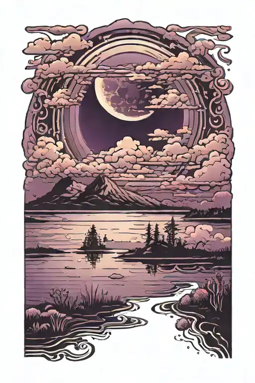 dark purple ominous clouds surrounding a moonlit lake showing the number thirteen tattoo design idea