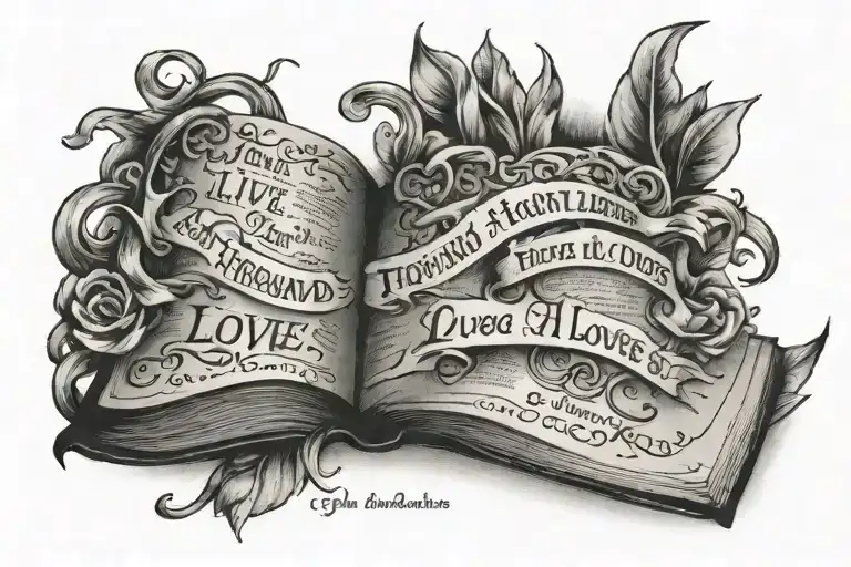 a quote that says "i haved lived a thousand lives, I have loved a thousand loves" coming out of a book  tattoo design idea