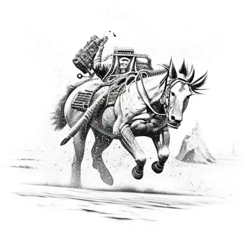 A fierce Ford Bronco charging through a post-apocalyptic landscape tattoo design idea