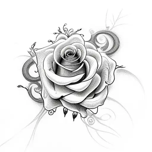 A cascading arrangement of a rose, violet, wisteria, and spider lily tattoo design idea