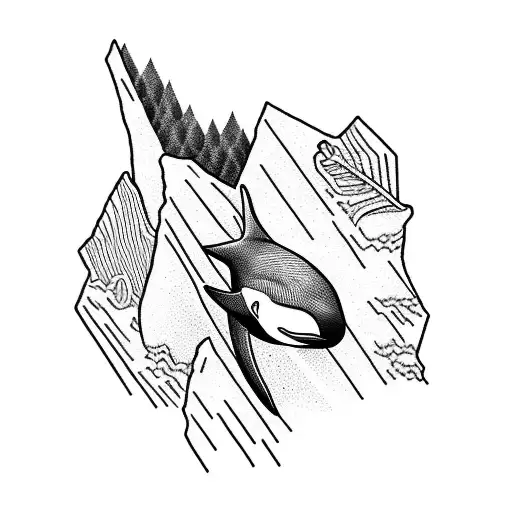 A blackwork design of a rock climber hanging from a mountain cliff with an orca leaping in the distance tattoo design idea