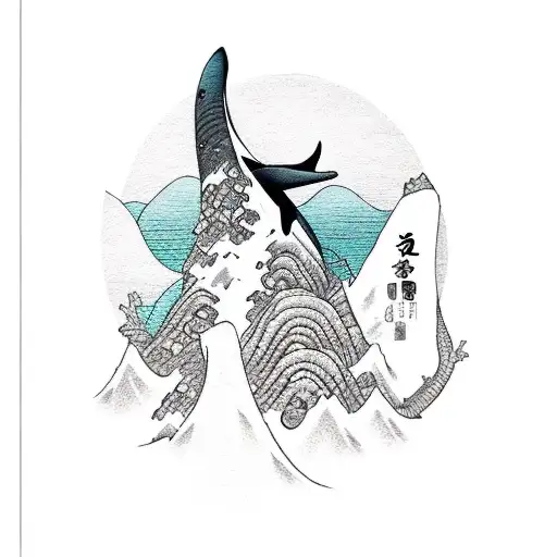A rock climber scaling a mountain peak shaped like an orca tattoo design idea