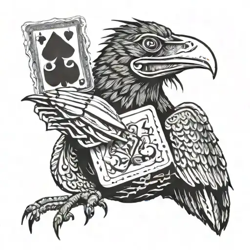joker card replaced with a crow holding hotdog tattoo design idea