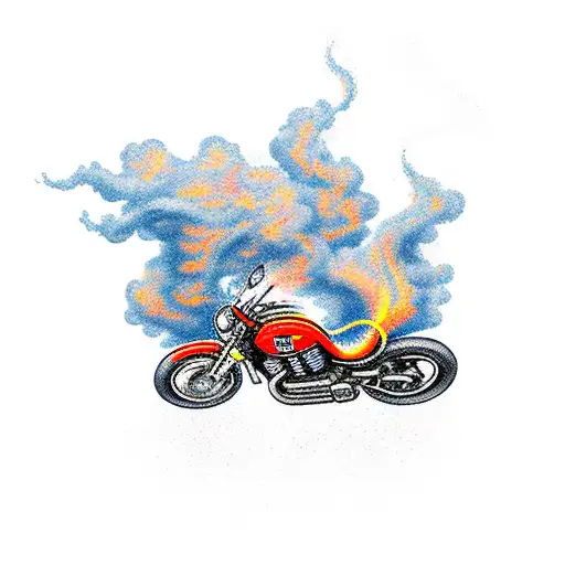 Mini Ardeche landscape with a flaming motorcycle racing through it tattoo design idea