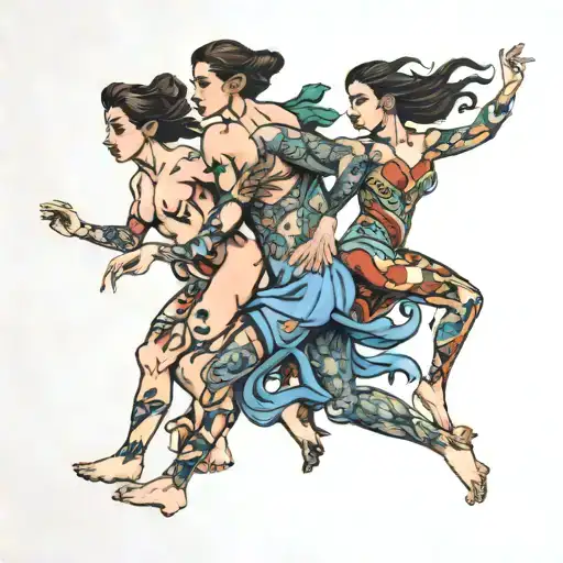 four people running nude tattoo design idea