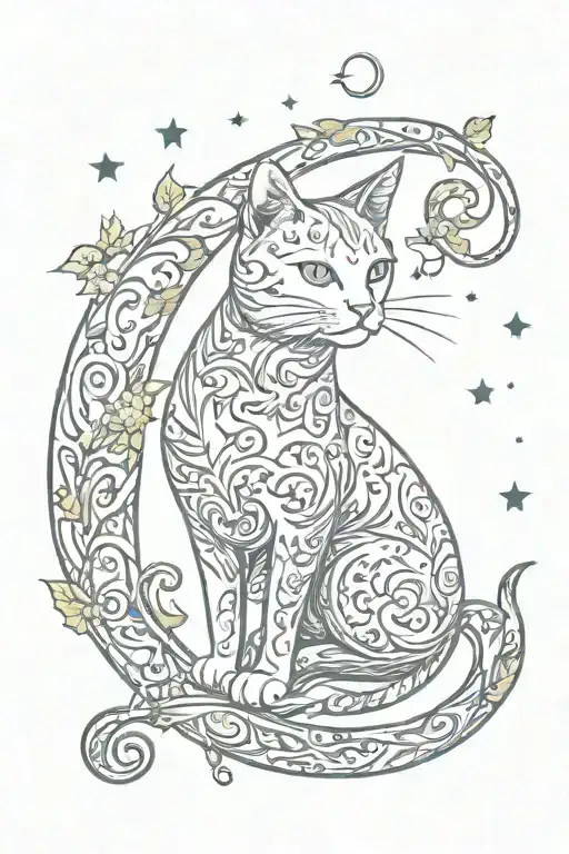 cat sitting on crescent moon surrounded by vines and cancer astrology and stars tattoo design idea
