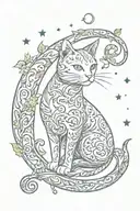 cat sitting on crescent moon surrounded by vines and cancer astrology and stars tattoo design idea
